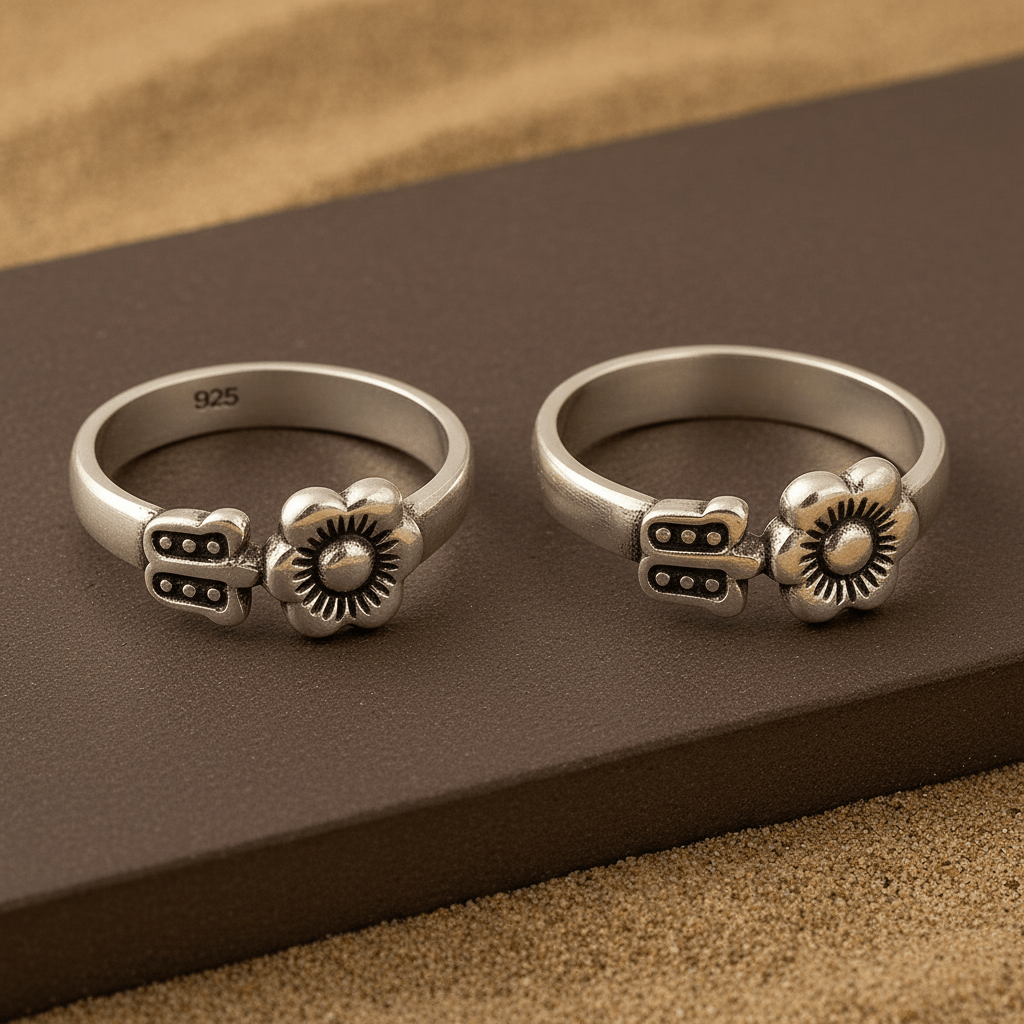 925 Sterling Silver Oxidized Floral Toe Ring | Adjustable Flower Design - Zirak Silver