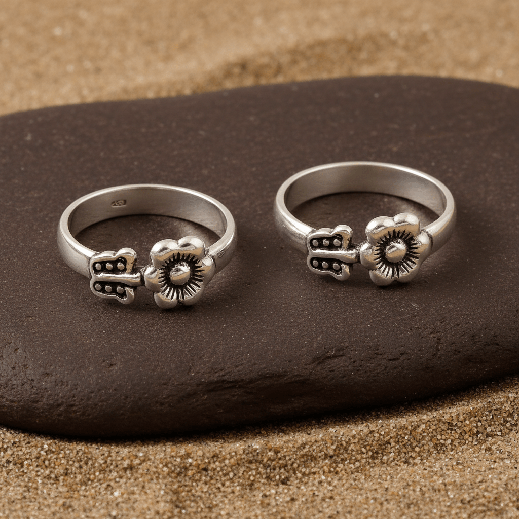 925 Sterling Silver Oxidized Floral Toe Ring | Adjustable Flower Design - Zirak Silver