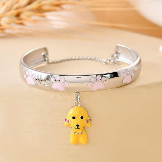 925 Sterling Silver Paw - Print Bangle with Dangling Puppy Charm – Adjustable Kids Bracelet - Zirak Silver