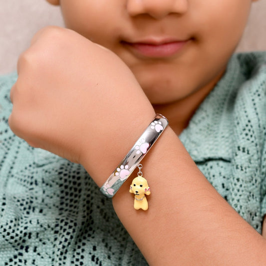 925 Sterling Silver Paw - Print Bangle with Dangling Puppy Charm – Adjustable Kids Bracelet - Zirak Silver