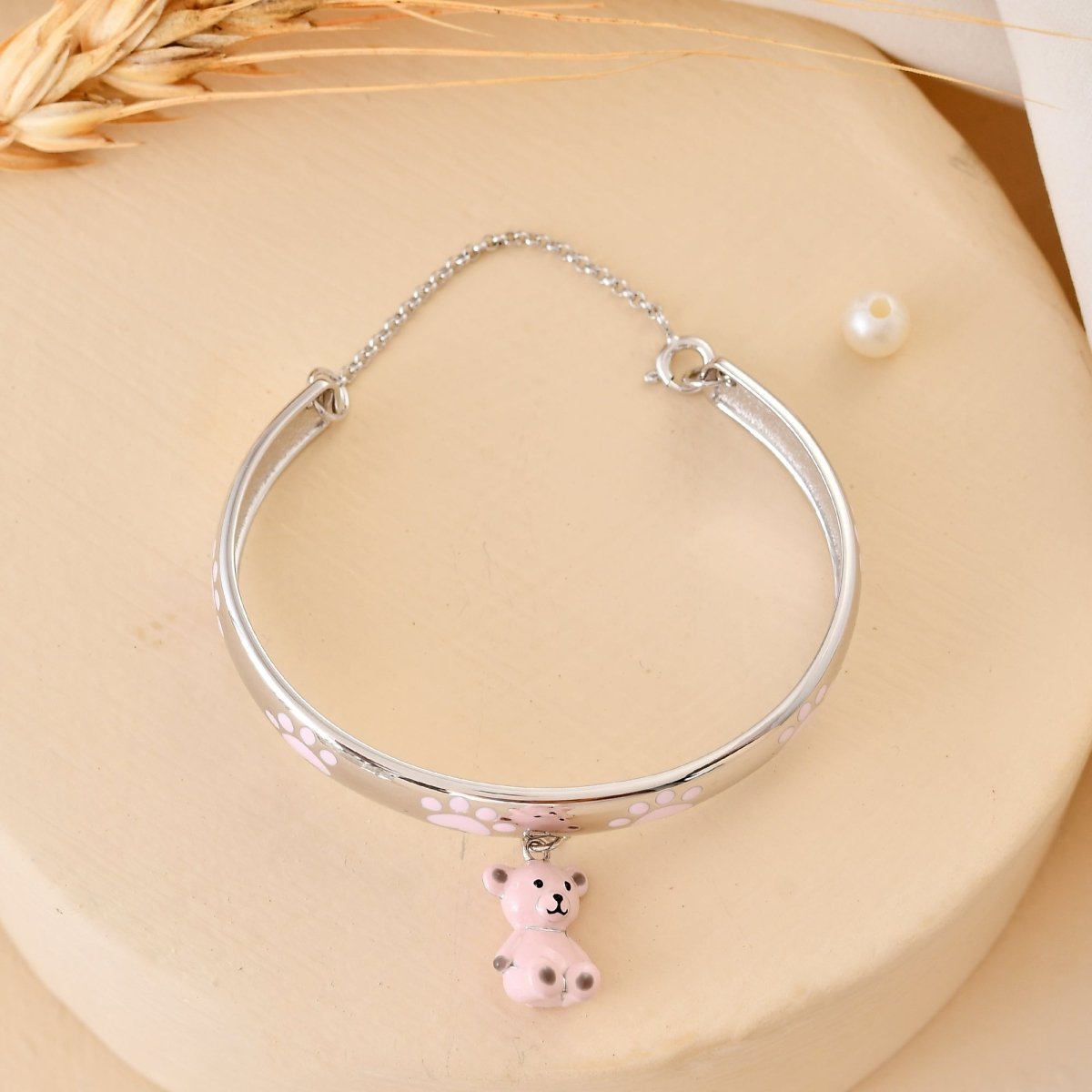 925 Sterling Silver Paw - Print Bangle with Dangling Teddy Bear Charm – Adjustable Kids Bracelet - Zirak Silver