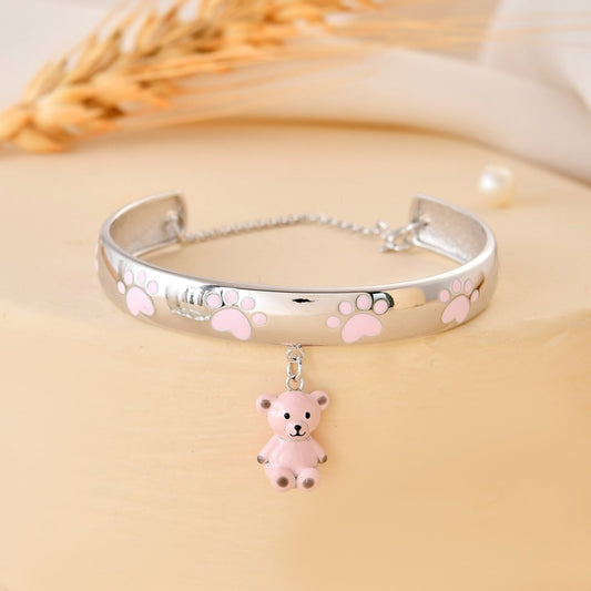 925 Sterling Silver Paw - Print Bangle with Dangling Teddy Bear Charm – Adjustable Kids Bracelet - Zirak Silver