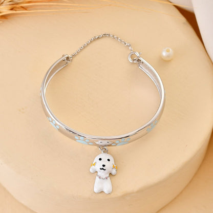 925 Sterling Silver Paw - Print Bangle with Dangling White Puppy Charm – Adjustable Kids Bracelet - Zirak Silver