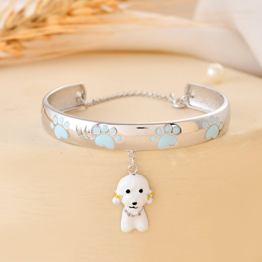 925 Sterling Silver Paw - Print Bangle with Dangling White Puppy Charm – Adjustable Kids Bracelet - Zirak Silver