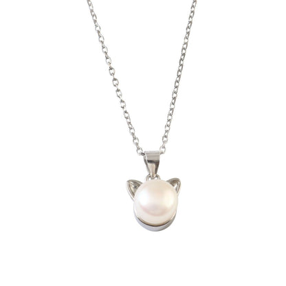 925 Sterling Silver Pearl Cat Pendant Necklace - Zirak Silver