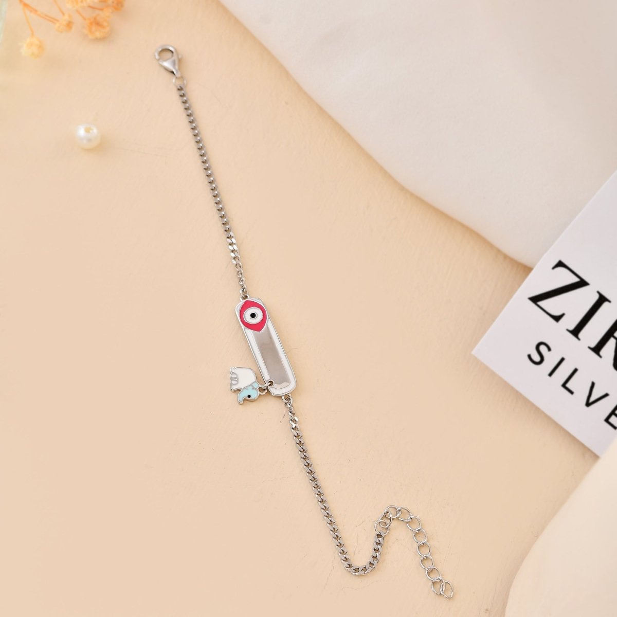 925 Sterling Silver Pink Evil - Eye ID Bracelet with Dangling Elephant Charm – Adjustable Kids Nazariya Chain - Zirak Silver