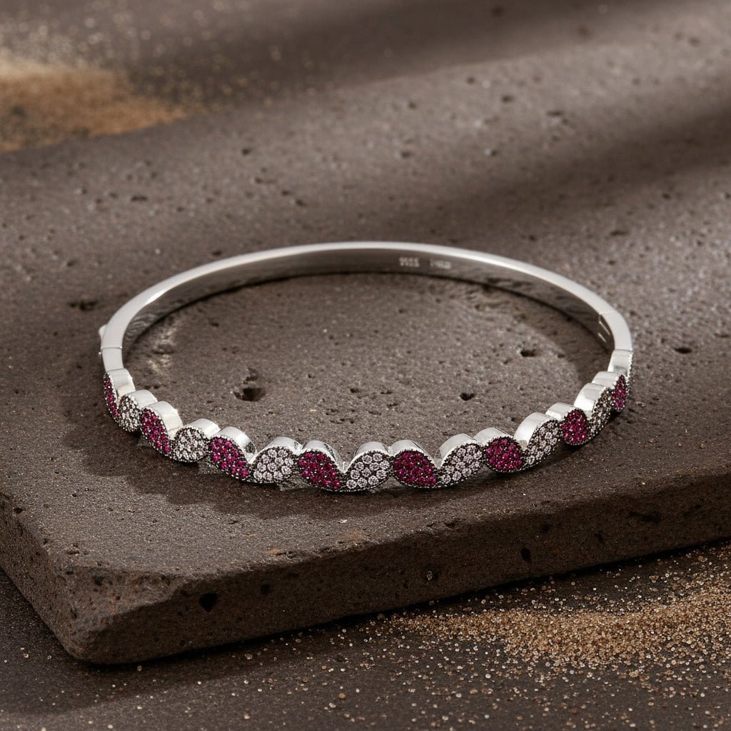 925 Sterling Silver Pink Pavé Wave Bangle - Zirak Silver