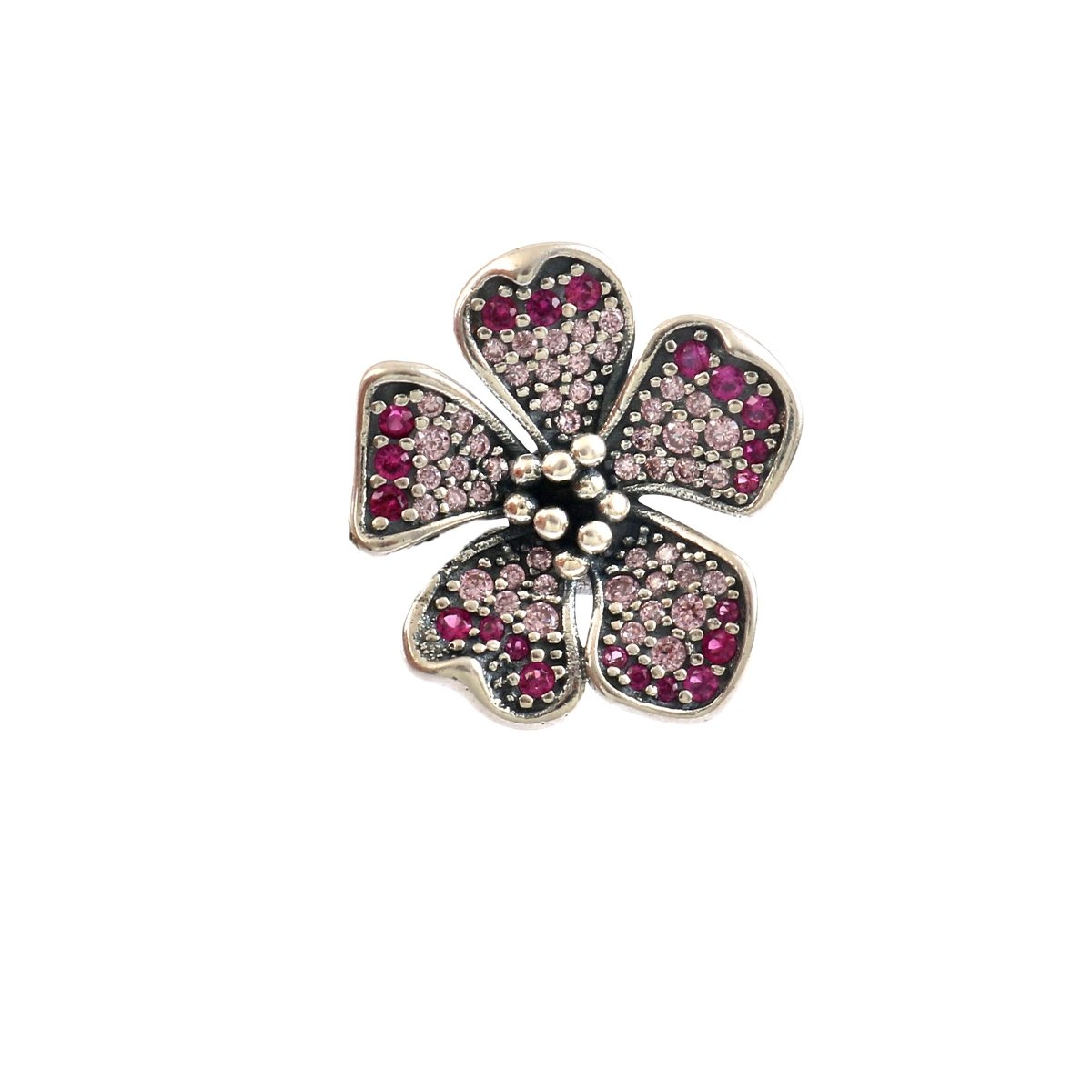 925 Sterling Silver Pink Stone Floral Charm – Oxidised Flower Pendant Charm - Zirak Silver