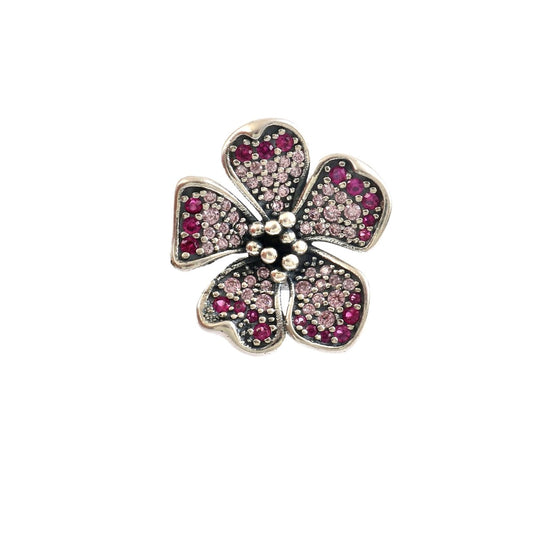 925 Sterling Silver Pink Stone Floral Charm – Oxidised Flower Pendant Charm - Zirak Silver