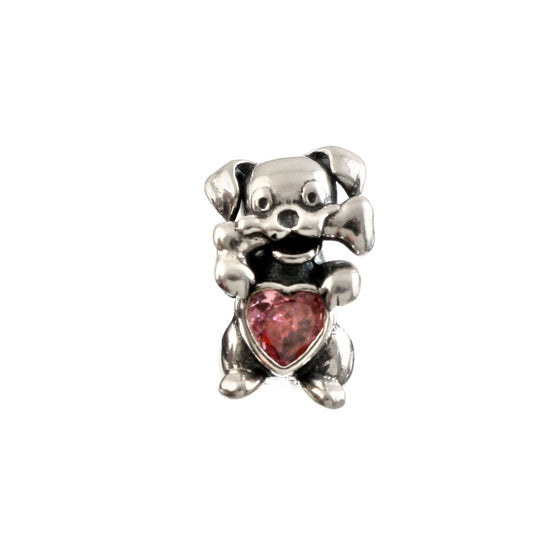 925 Sterling Silver Puppy Charm with Heart Stone – Cute Dog Bead for Charm Bracelet - Zirak Silver