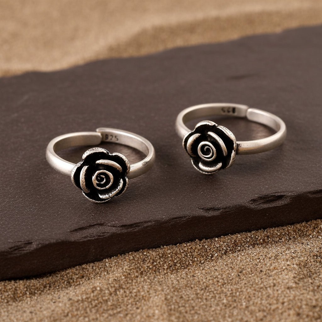 925 Sterling Silver Rose Design Adjustable Toe Ring Pair - Zirak Silver