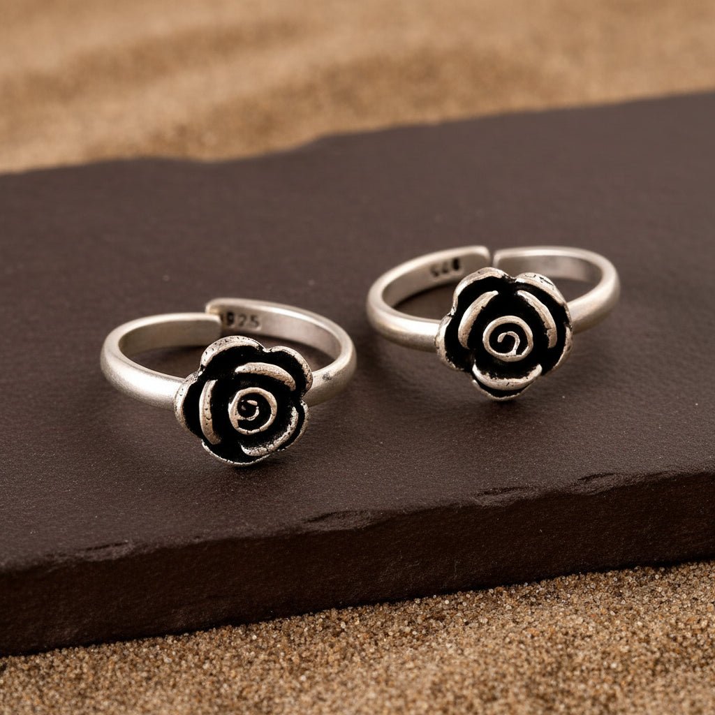 925 Sterling Silver Rose Design Adjustable Toe Ring Pair - Zirak Silver