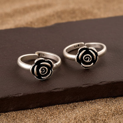 925 Sterling Silver Rose Design Adjustable Toe Ring Pair - Zirak Silver