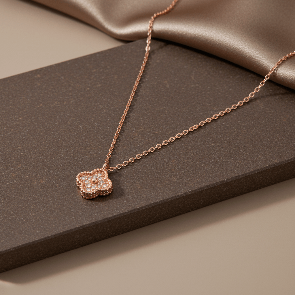 925 Sterling Silver Rose Gold Clover CZ Pendant Necklace - Zirak Silver