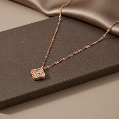 925 Sterling Silver Rose Gold Clover CZ Pendant Necklace - Zirak Silver