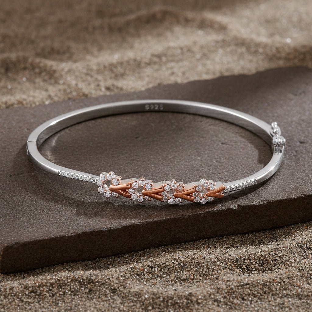 925 Sterling Silver Rose Gold Floral CZ Bangle - Zirak Silver