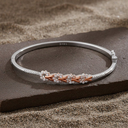 925 Sterling Silver Rose Gold Floral CZ Bangle - Zirak Silver