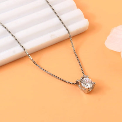 925 Sterling Silver Solitaire Necklace | Round CZ Pendant on Box Chain | Minimal Everyday Silver Jewelry - Zirak Silver