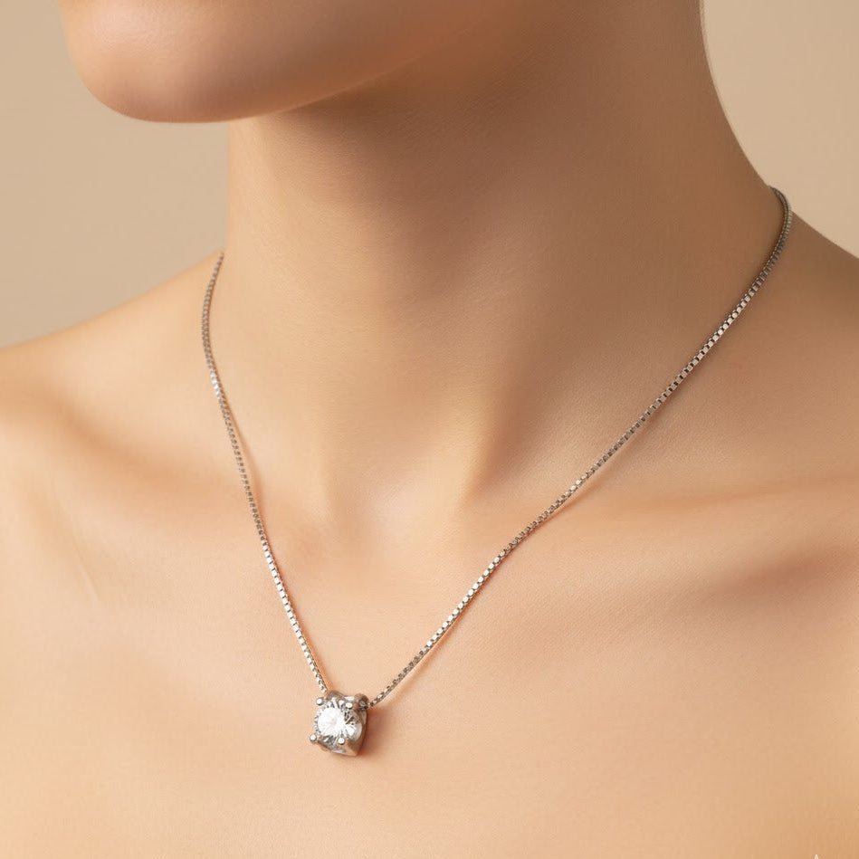 925 Sterling Silver Solitaire Necklace | Round CZ Pendant on Box Chain | Minimal Everyday Silver Jewelry - Zirak Silver