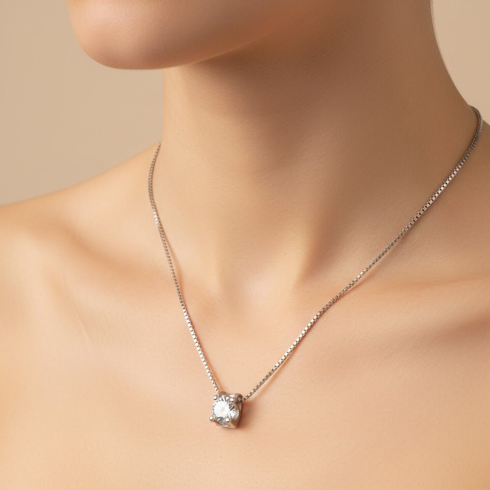 925 Sterling Silver Solitaire Necklace | Round CZ Pendant on Box Chain | Minimal Everyday Silver Jewelry - Zirak Silver