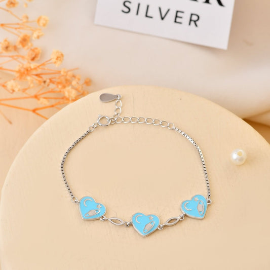925 Sterling Silver Space Hearts Charm Bracelet – Rocket, Moon & Star Motif, Adjustable Kids Chain - Zirak Silver