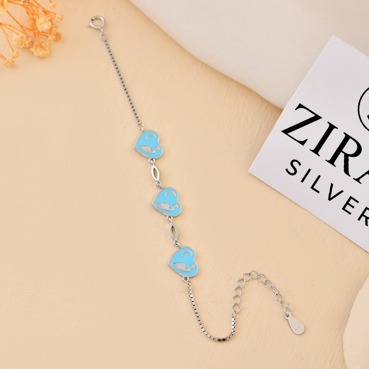 925 Sterling Silver Space Hearts Charm Bracelet – Rocket, Moon & Star Motif, Adjustable Kids Chain - Zirak Silver