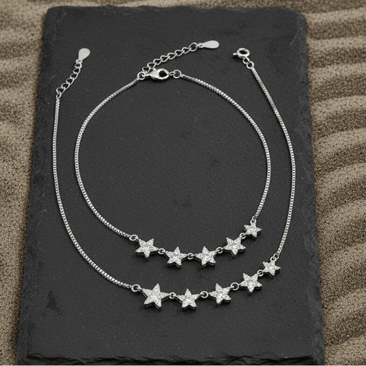 925 Sterling Silver Sparkling Star Anklet Pair – Dainty CZ Star Charm Chain - Zirak Silver