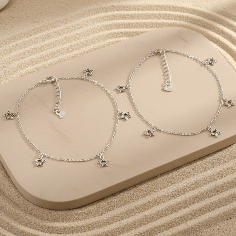 925 Sterling Silver Star Charm Anklet – Boho Star Dangle Foot Bracelet - Zirak Silver