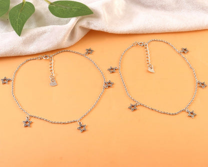 925 Sterling Silver Star Charm Anklet – Boho Star Dangle Foot Bracelet - Zirak Silver