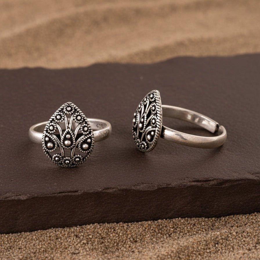 925 Sterling Silver Toe Rings – Adjustable Teardrop Floral Oxidized Design - Zirak Silver