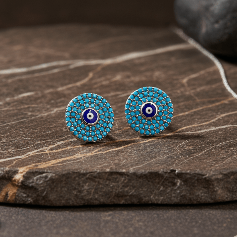 925 Sterling Silver Turquoise Evil Eye Stud Earrings - Zirak Silver