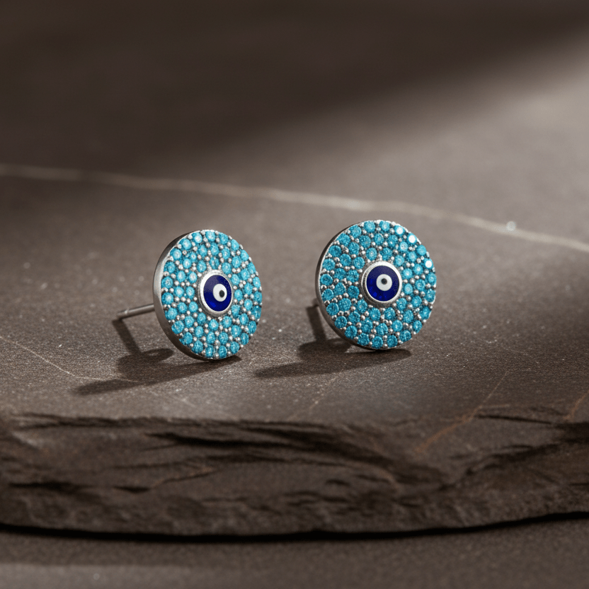 925 Sterling Silver Turquoise Evil Eye Stud Earrings - Zirak Silver