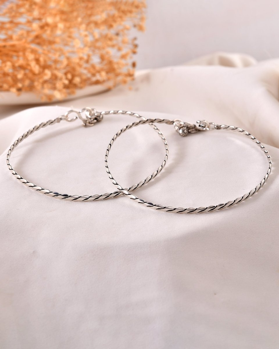925 Sterling Silver Twisted Braid Anklet Pair with Charm Drops – Oxidized Payal - Zirak Silver