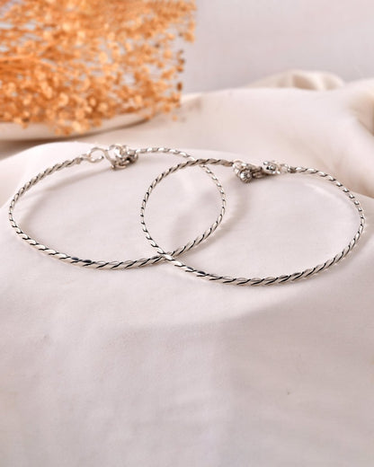 925 Sterling Silver Twisted Braid Anklet Pair with Charm Drops – Oxidized Payal - Zirak Silver