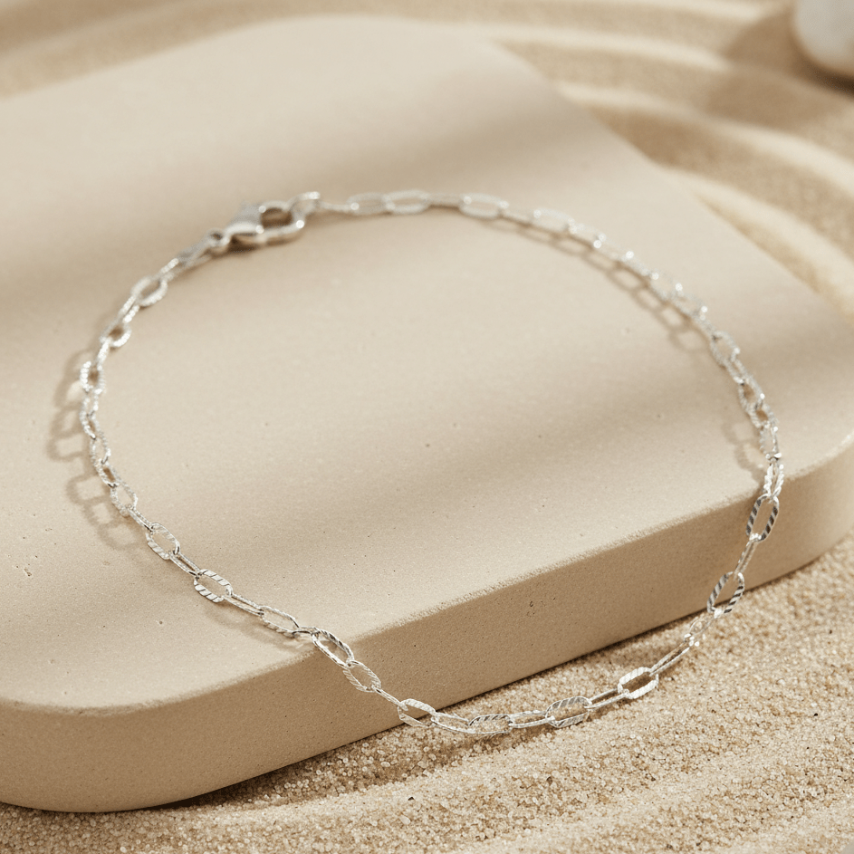 925 Sterling Silver Twisted Oval Link Anklet – Minimal Textured Silver Anklet for Women - Zirak Silver