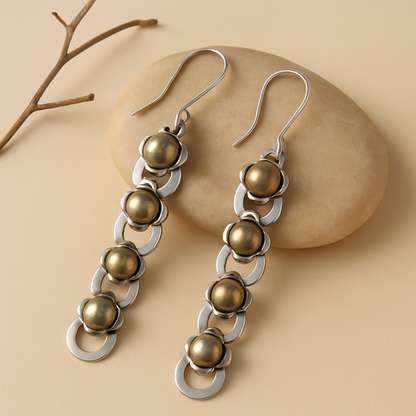 Ravya Earrings – Oxidised 925 Silver Dangle Earrings with Brass Accents