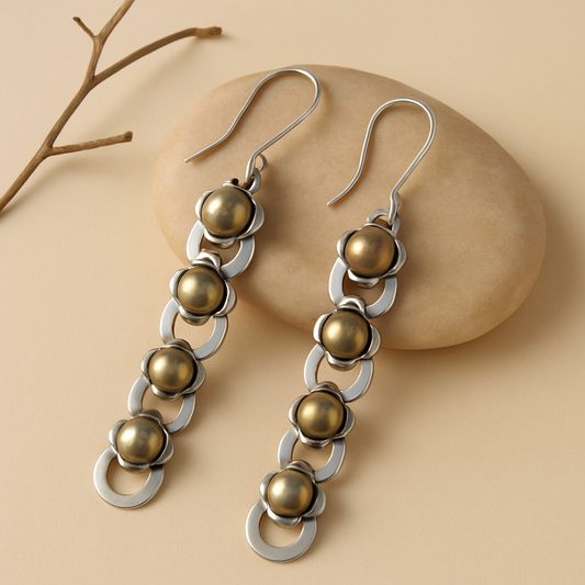 Ravya Earrings – Oxidised 925 Silver Dangle Earrings with Brass Accents