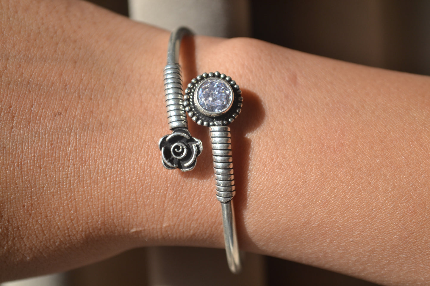 Roohani Bracelet – Oxidised 925 Silver Rose and Solitaire Zircon Cuff
