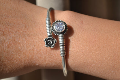 Roohani Bracelet – Oxidised 925 Silver Rose and Solitaire Zircon Cuff
