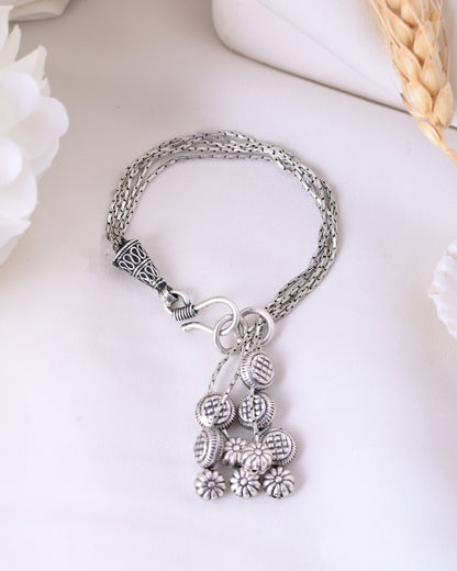 Milan Bracelet – Oxidised 925 Silver 3-Chain Floral and Ball Bracelet