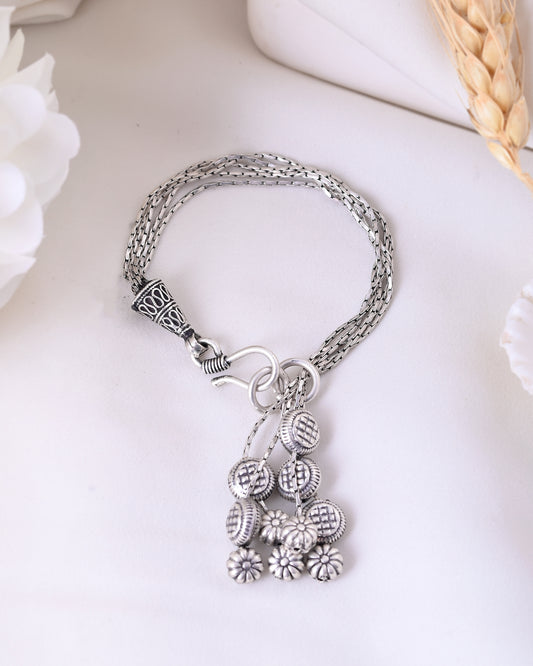 Milan Bracelet – Oxidised 925 Silver 3-Chain Floral and Ball Bracelet