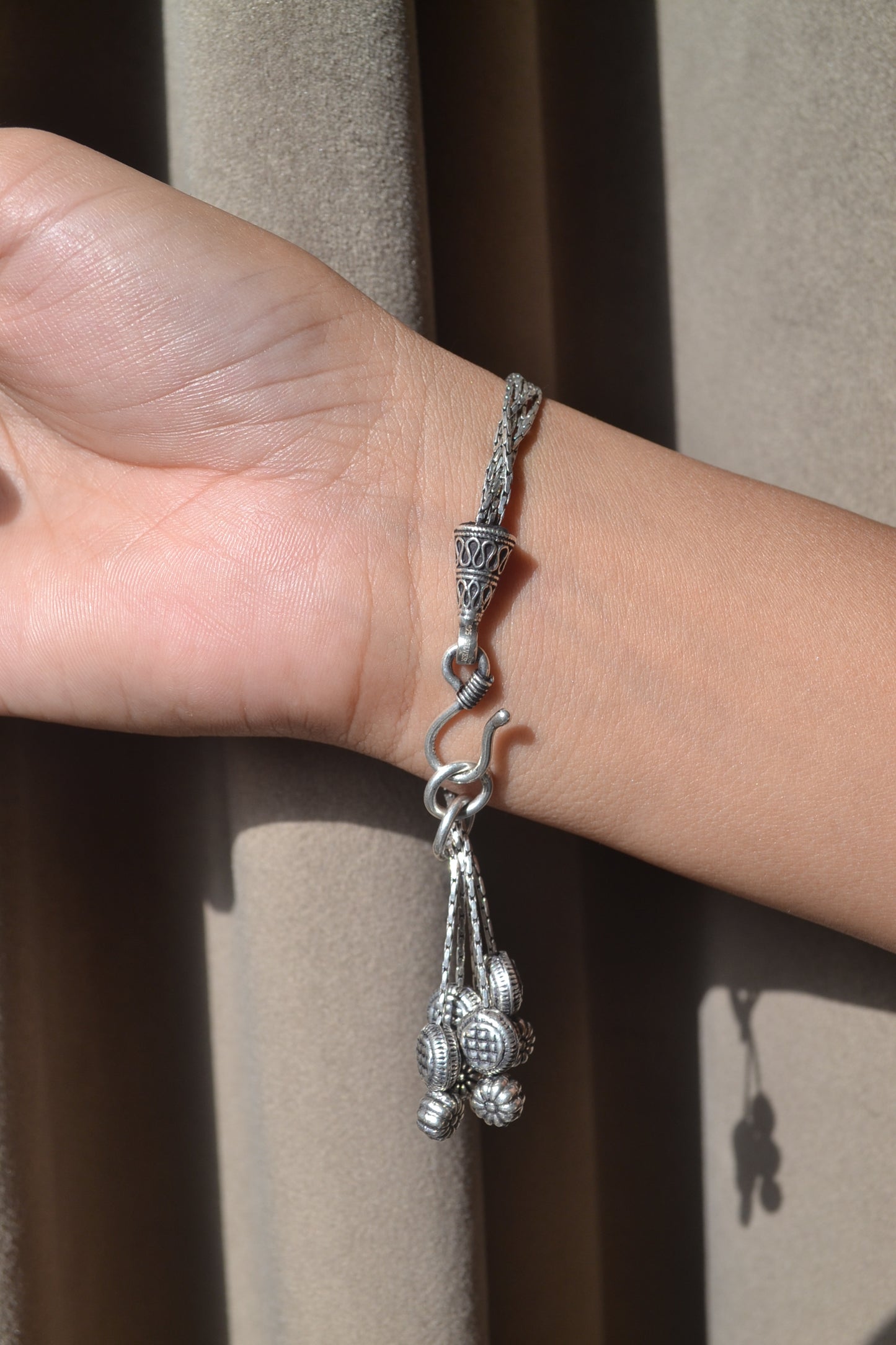 Milan Bracelet – Oxidised 925 Silver 3-Chain Floral and Ball Bracelet