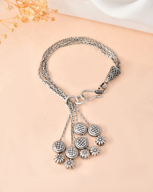 Milan Bracelet – Oxidised 925 Silver 3-Chain Floral and Ball Bracelet