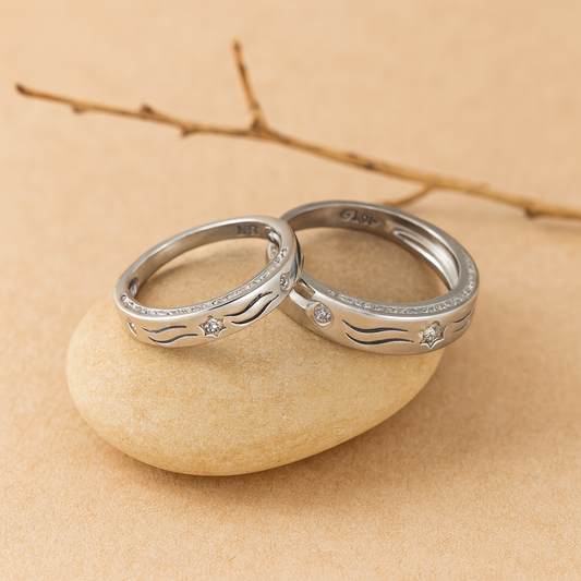 Sterling Silver Couple Rings with Star & Wave Design – Zircon Stone Set