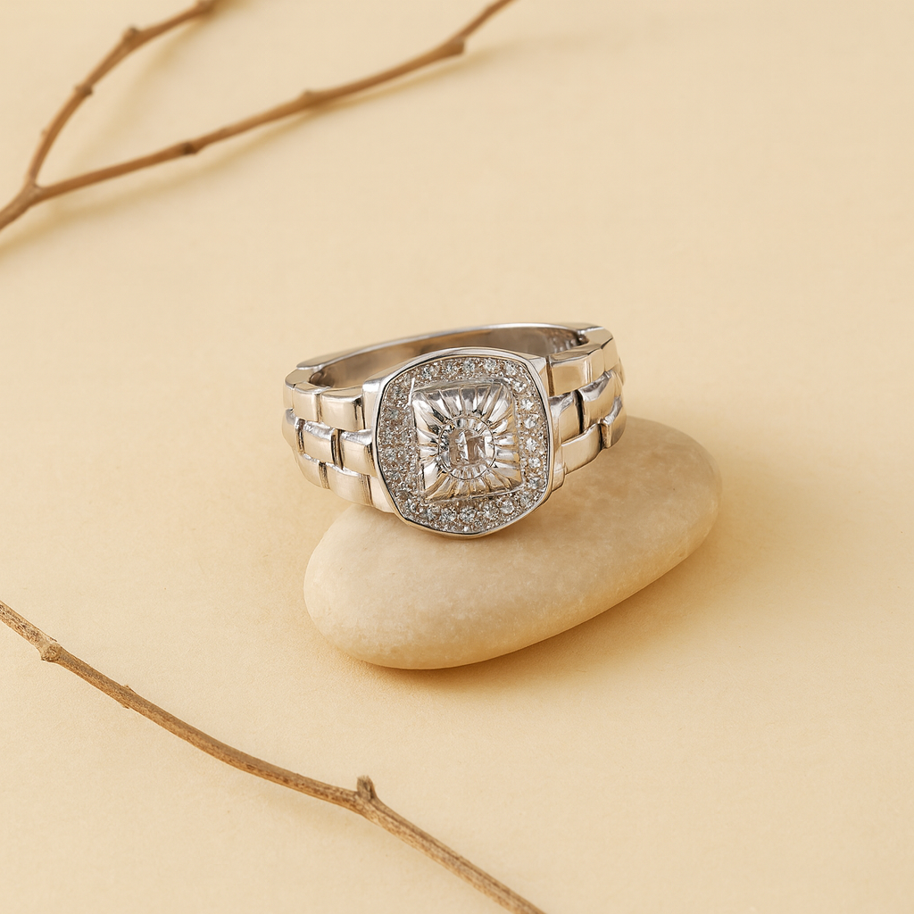 Men’s Silver Statement Ring with Zircon Center