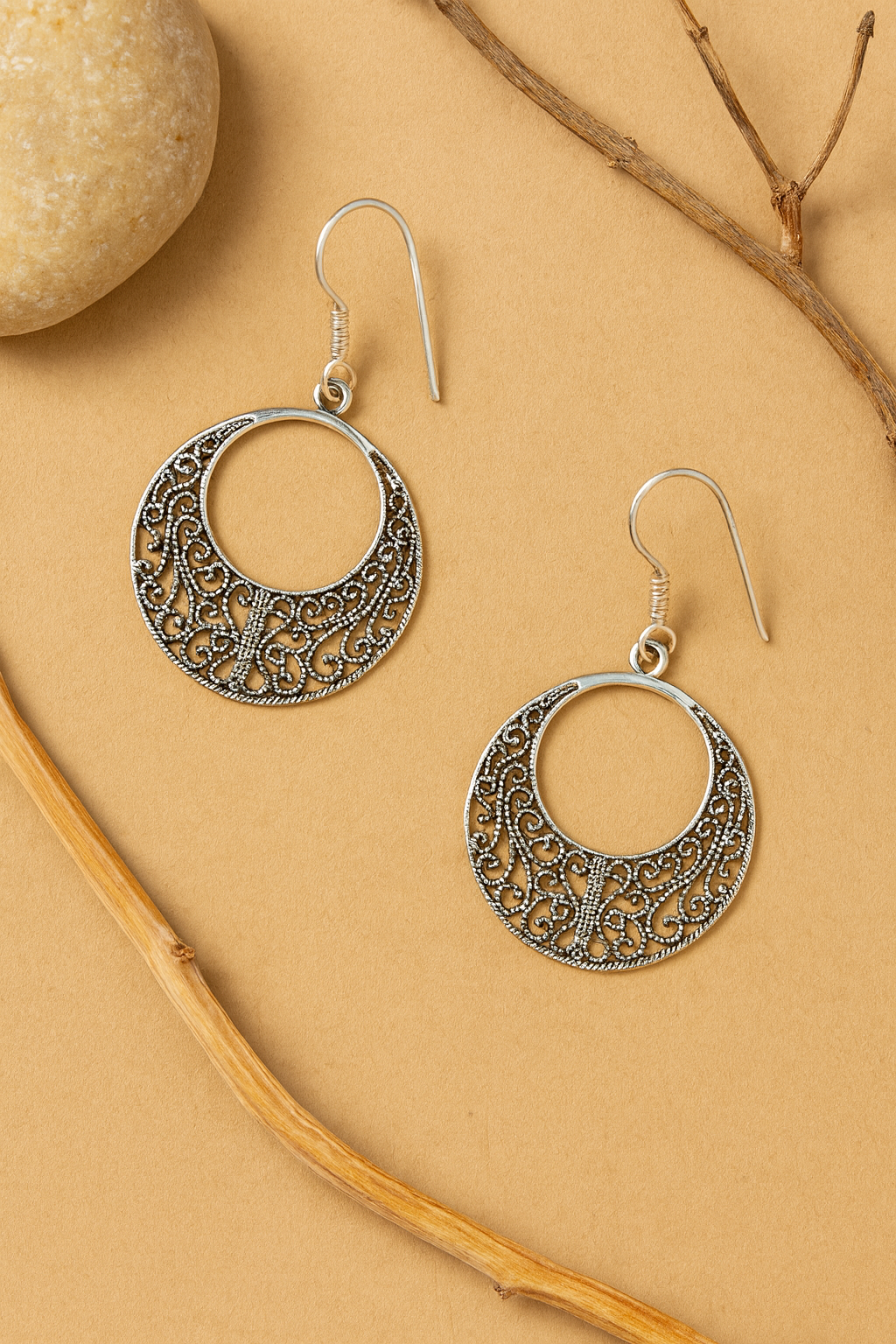 Nayra Earrings – Oxidised 925 Silver Filigree Hoop Dangle Earrings
