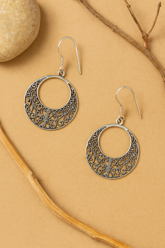 Nayra Earrings – Oxidised 925 Silver Filigree Hoop Dangle Earrings