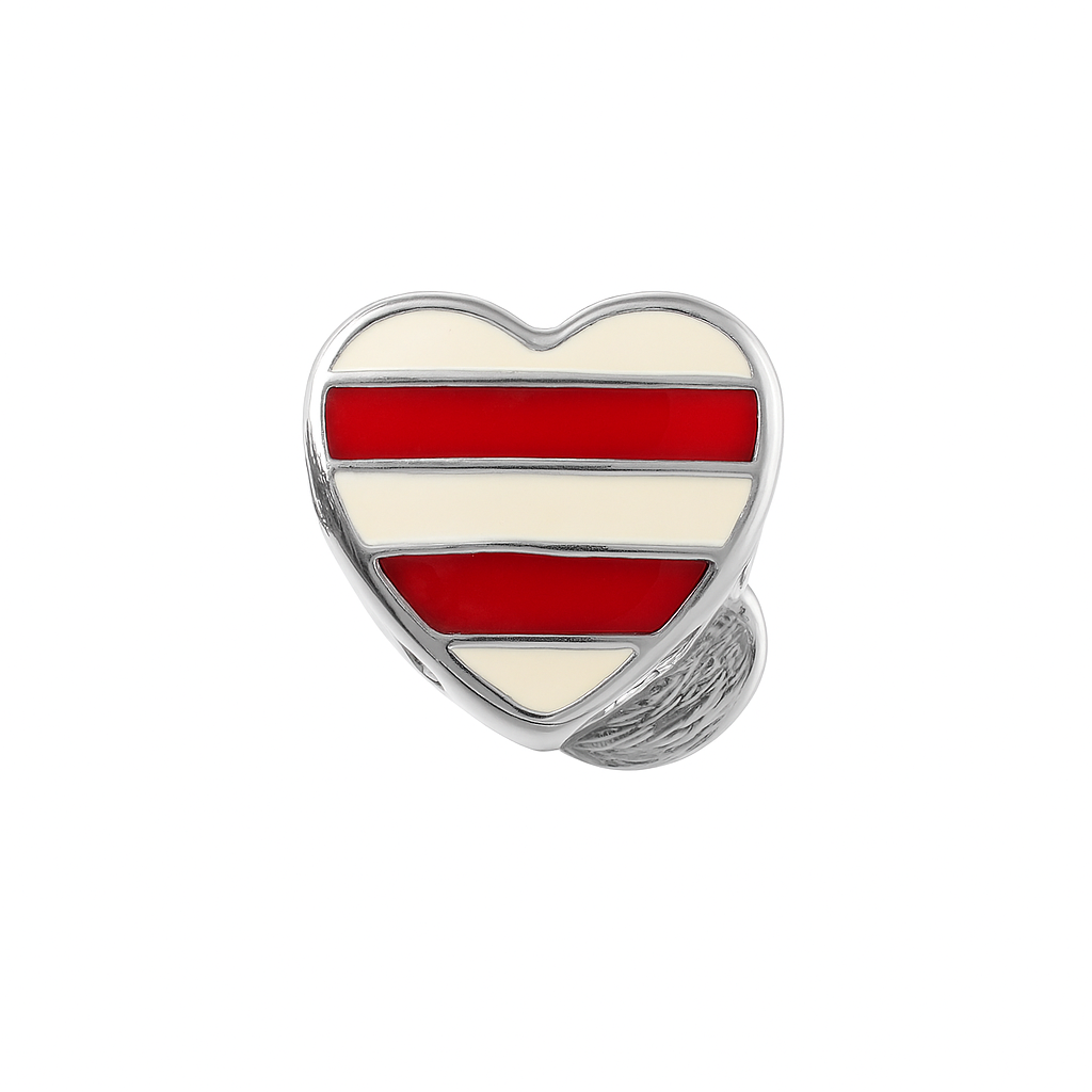 Striped Heart Musical Note Charm in Sterling Silver – Red & White Enamel with CZ Accents
