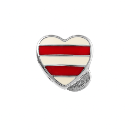 Striped Heart Musical Note Charm in Sterling Silver – Red & White Enamel with CZ Accents