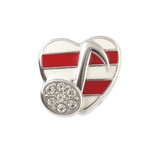 Striped Heart Musical Note Charm in Sterling Silver – Red & White Enamel with CZ Accents